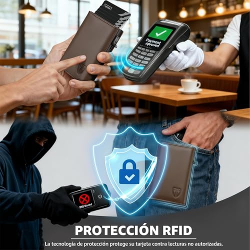Detalle de TENBST Carteras para Hombre Ultrafina con RFID – Cuero Genuino Marrón