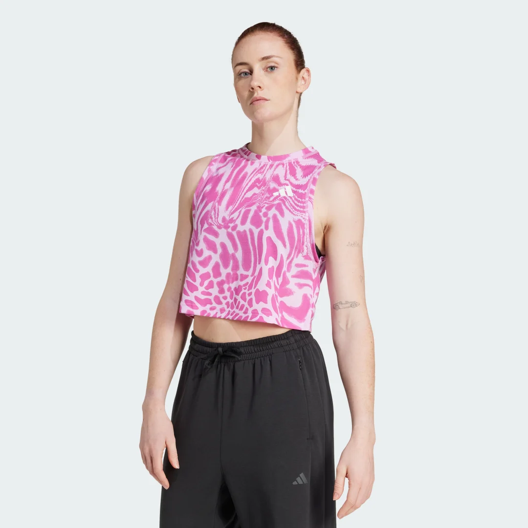 Detalle de Adidas Camiseta sin mangas Train Essentials Allover Print Workout – color Violeta