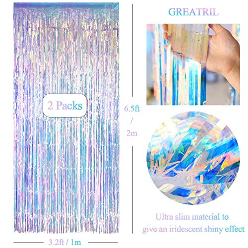 Detalle de GREATRIL Iridescent Party Streamers Backdrop, 2-Pack (3.2ft x 6.5ft) – Transparent Holographic Fringe Curtain