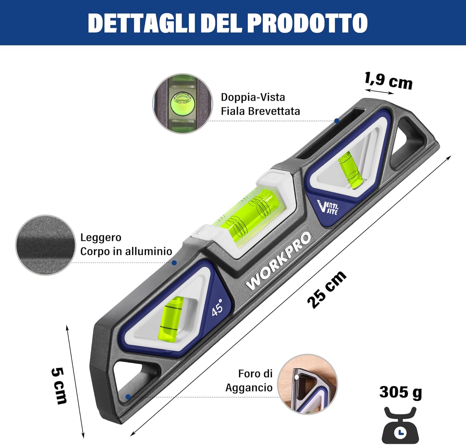 Thumbnail 1 de WORKPRO Livella Magnetica 25 cm con 3 Bolle: Precisione 0,5 mm/m, design Verti-Site e magnete potente