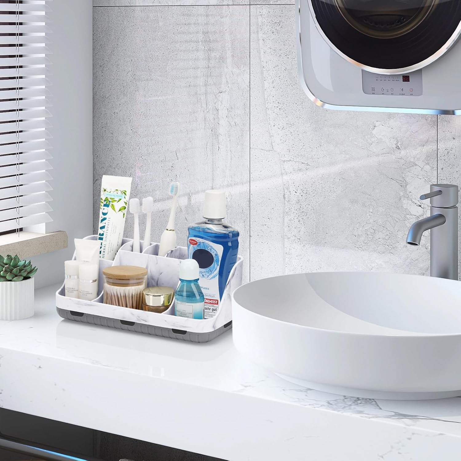 Detalle 2 de GFWARE Bathroom Countertop Organizer Toothbrush Holder, Marble Grey, 7 Compartments