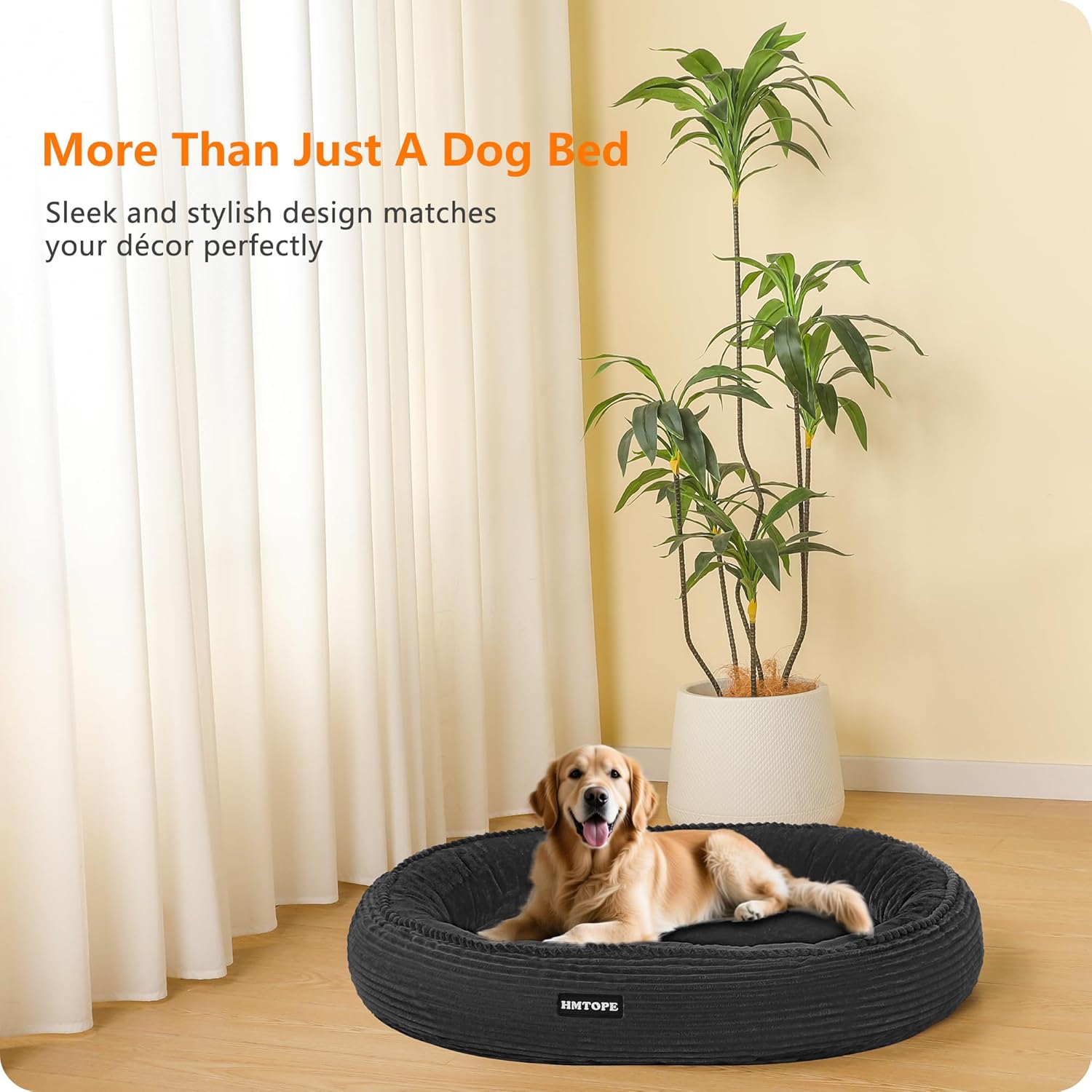 Detalle de HMTOPE Hundebett Grosse Hunde Ø 100 cm – Rundes Cord-Kuschelbett, waschbar und rutschfest, Dunkelgrau