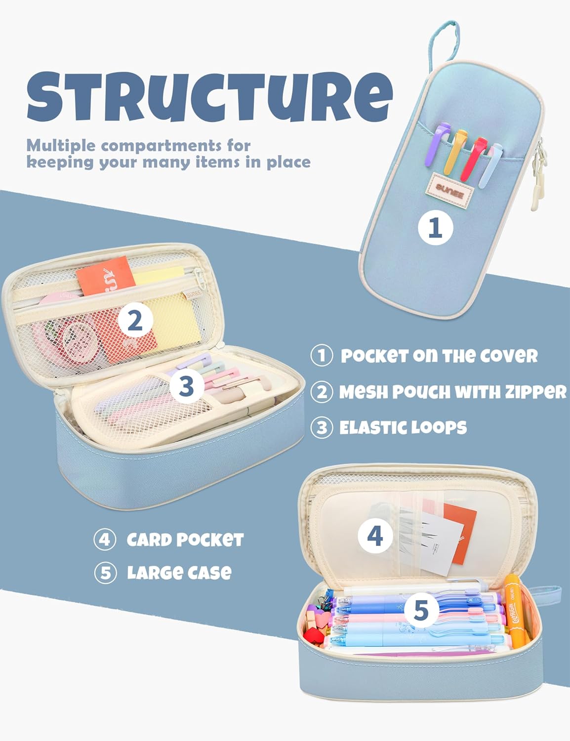 Detalle 2 de SUNEE Large Capacity Pencil Case with Compartments and Handle (Blue)