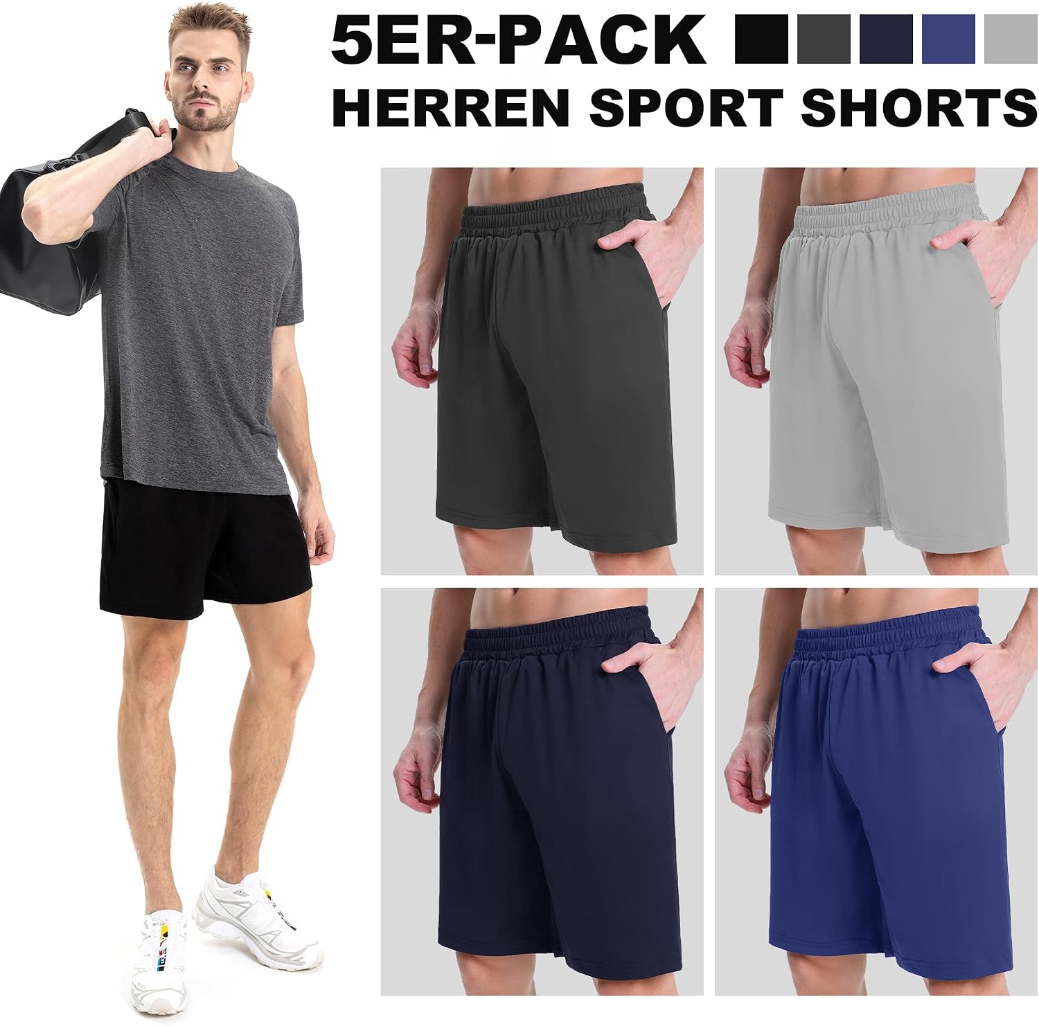Detalle de AKKQHH 5er-Pack Sporthose Herren – Kurz, atmungsaktiv, mit Taschen