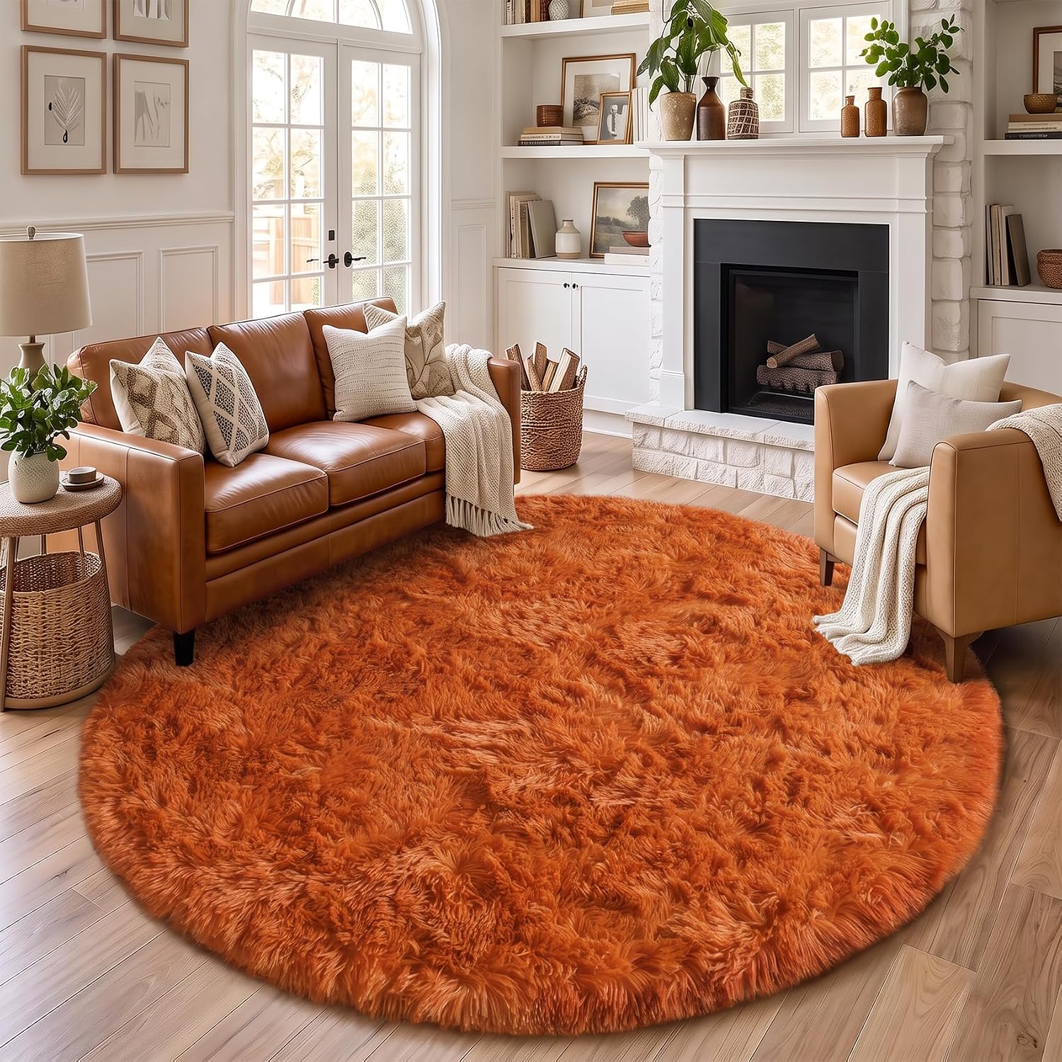 Thumbnail 2 de Amdrebio 7-Ft Burnt Orange Round Shag Area Rug, Plush Microfiber