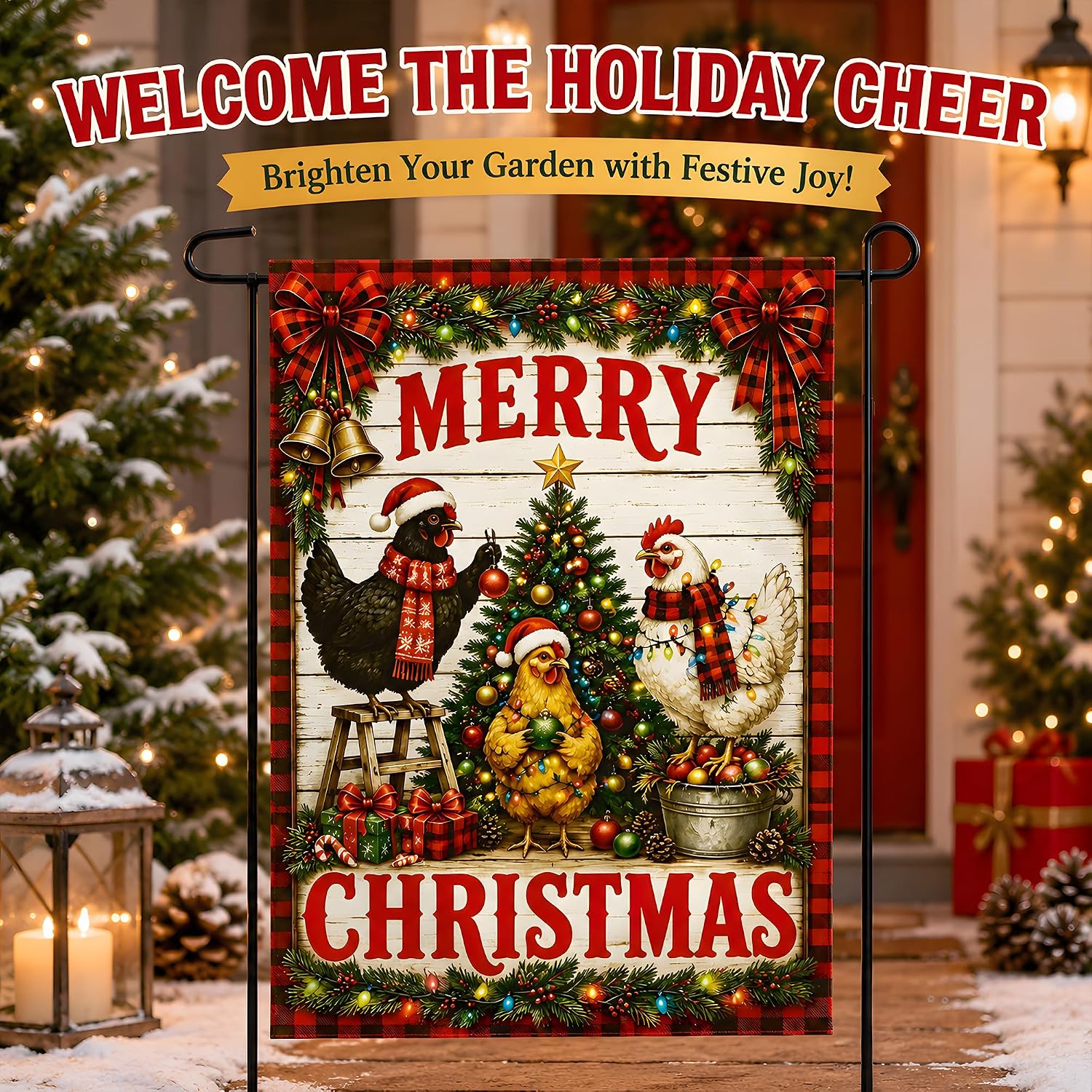 Detalle 2 de OHOME Farmhouse Chickens Merry Christmas Garden Flag, Double-Sided Polyester