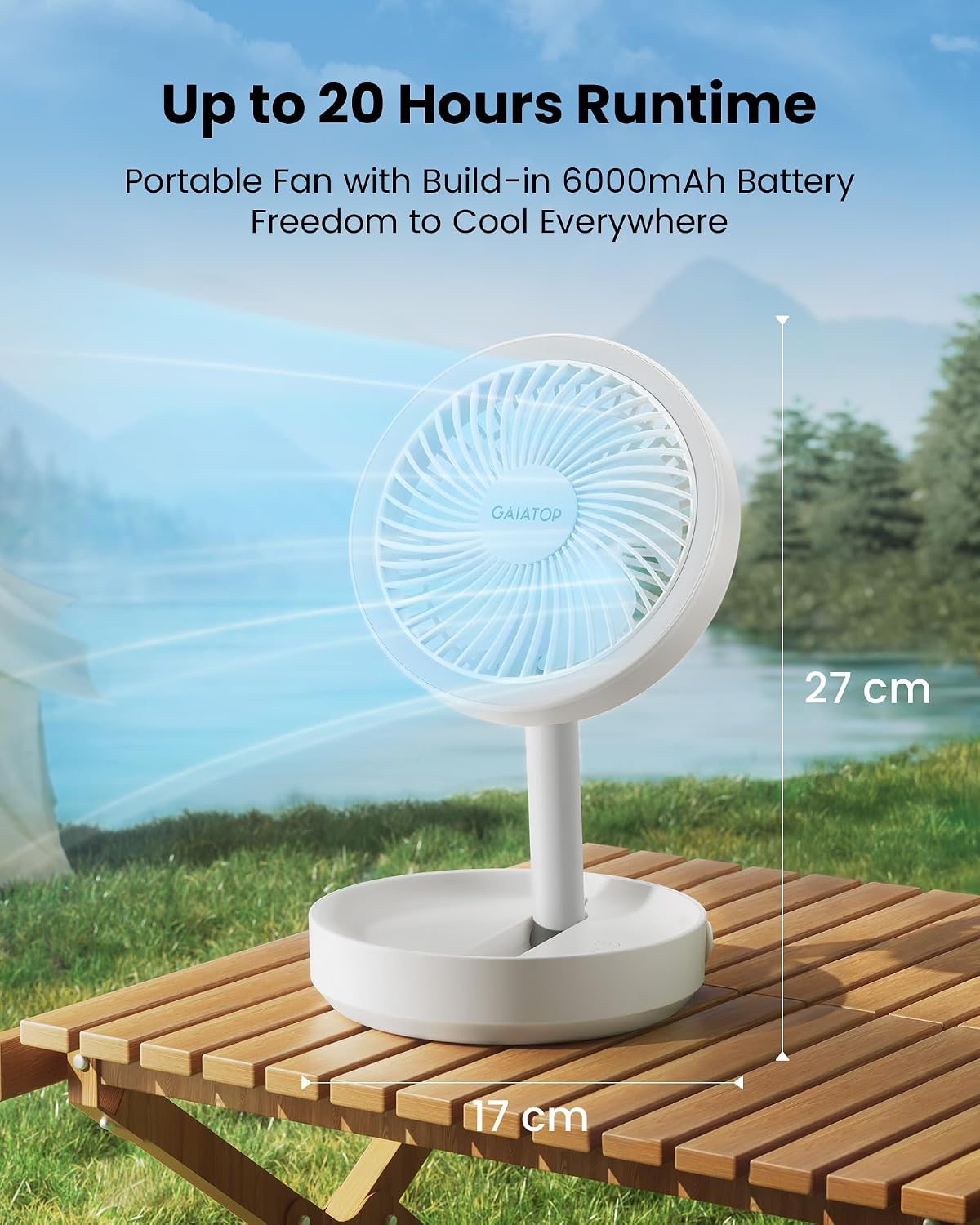 Detalle 2 de Gaiatop Foldable Small Desk Fan (6000mAh) with LED Night Light – portable desktop fan for bedroom, office and travel