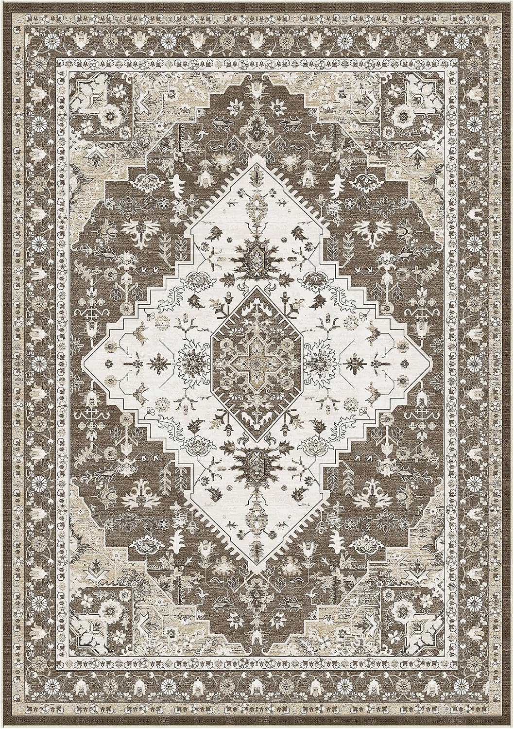 Detalle de LIVELYGLOW 8' x 10' Washable Area Rug, Low-Pile Medallion Print, Beige/Brown