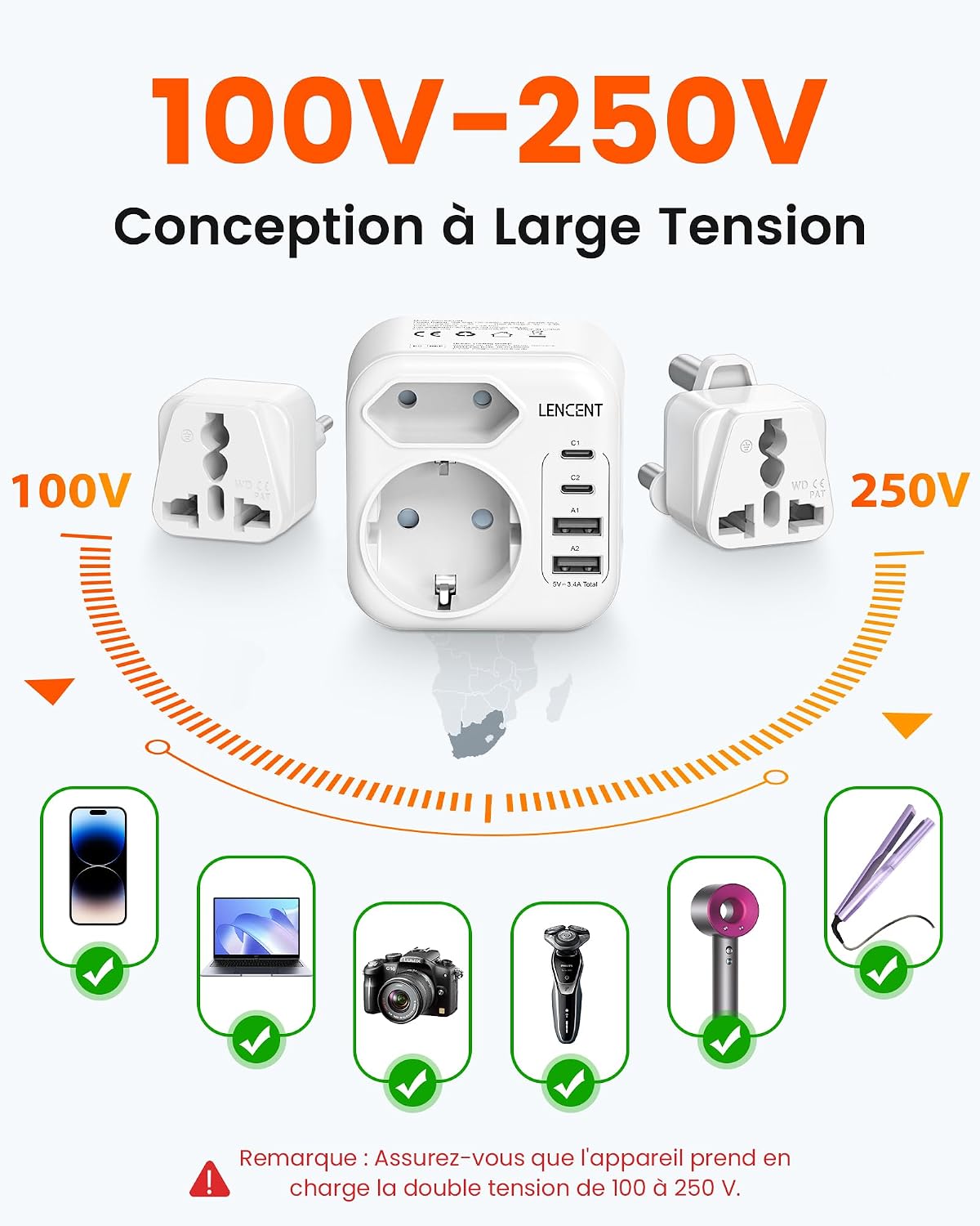 Detalle de Adaptateur prise Afrique du Sud Type D/M/N avec 4 ports USB – LENCENT