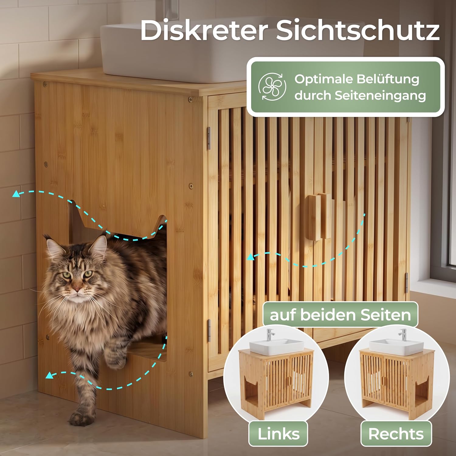 Thumbnail 3 de WOOWOOD Katzenklo Waschbeckenunterschrank aus Bambus – 60×44×60 cm
