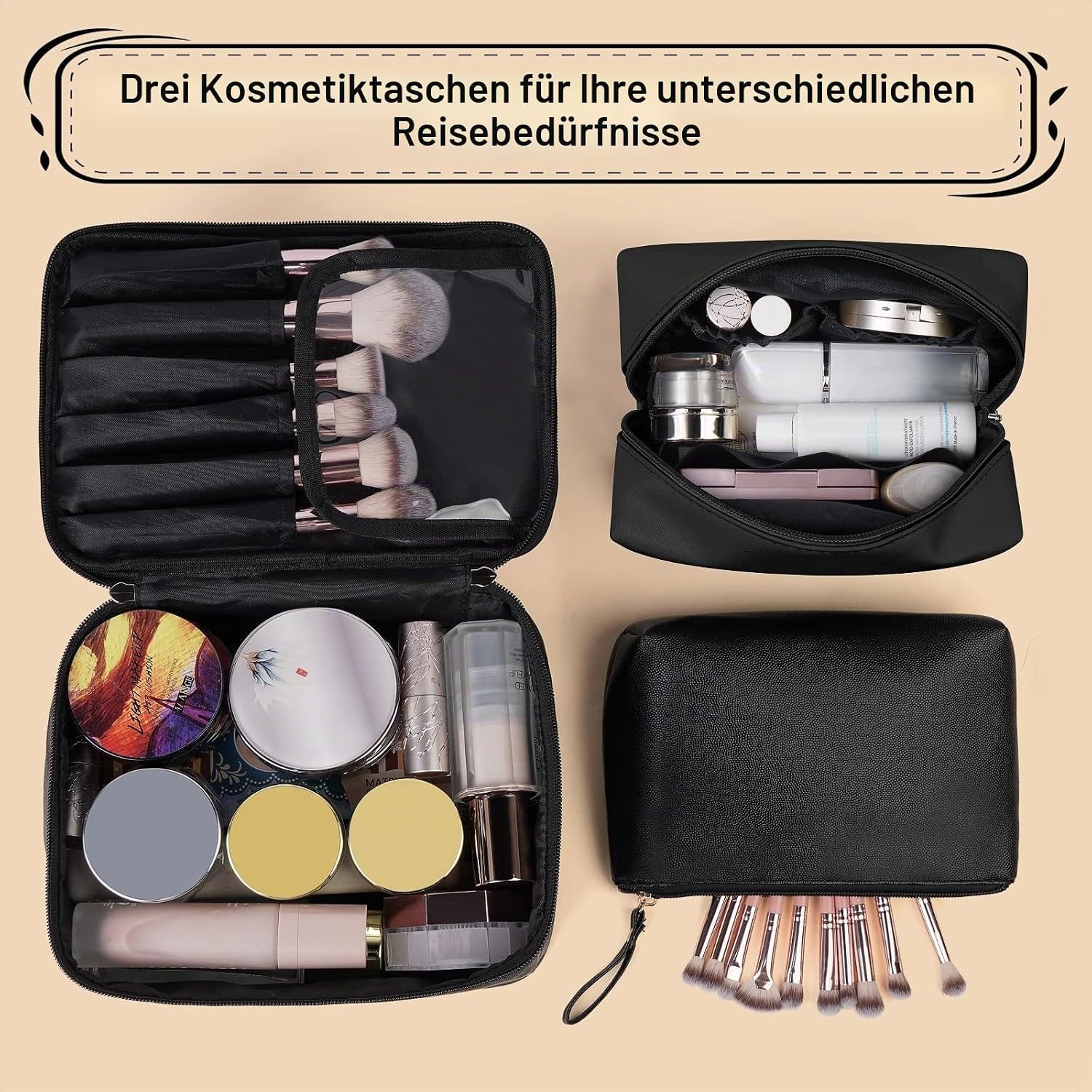 Thumbnail 5 de MAANGE 3er-Set Kosmetiktaschen (L+M+S) aus PU-Leder, wasserfest – Schwarz