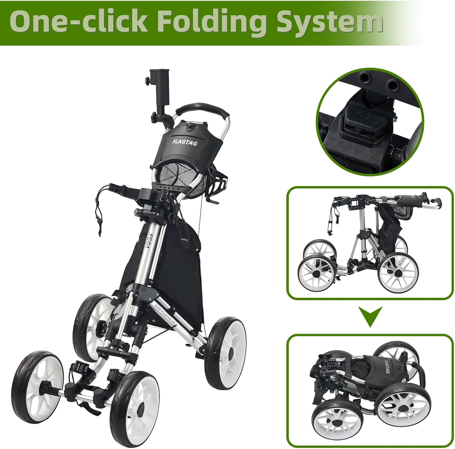 Thumbnail 3 de FLAGTAG Golf Push Cart 4-Wheels: Foldable 1-Click Aluminum Cart with Cup/ Umbrella Holders and Cooler