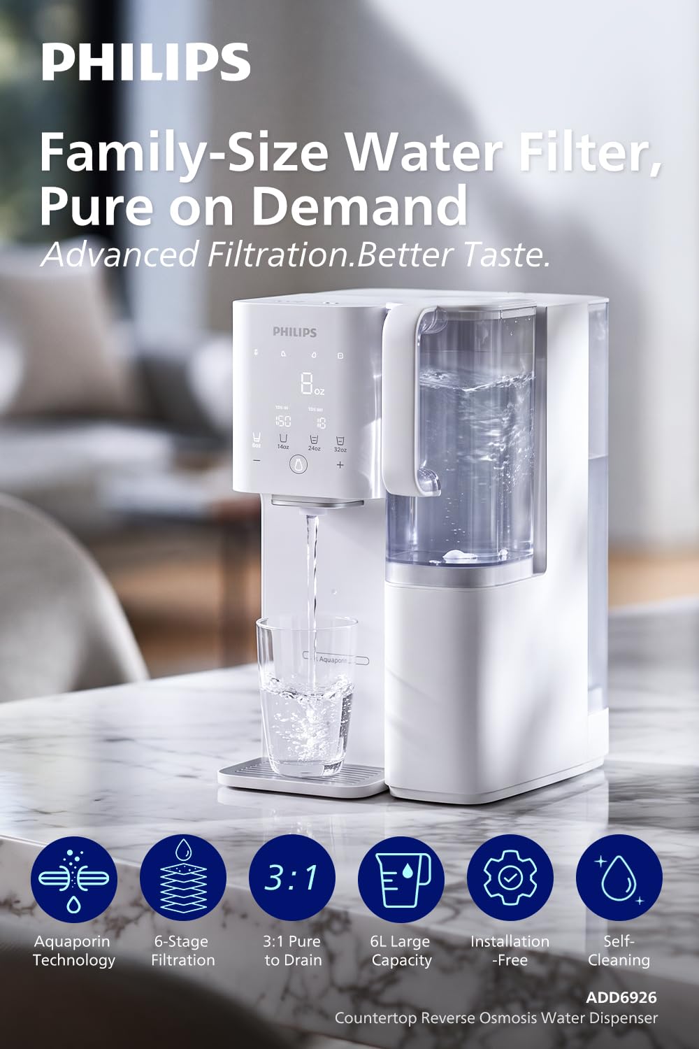 Detalle de PHILIPS ADD6926WH/37 Countertop RO Water Purifier, 6L Tank, 6-Stage Filter