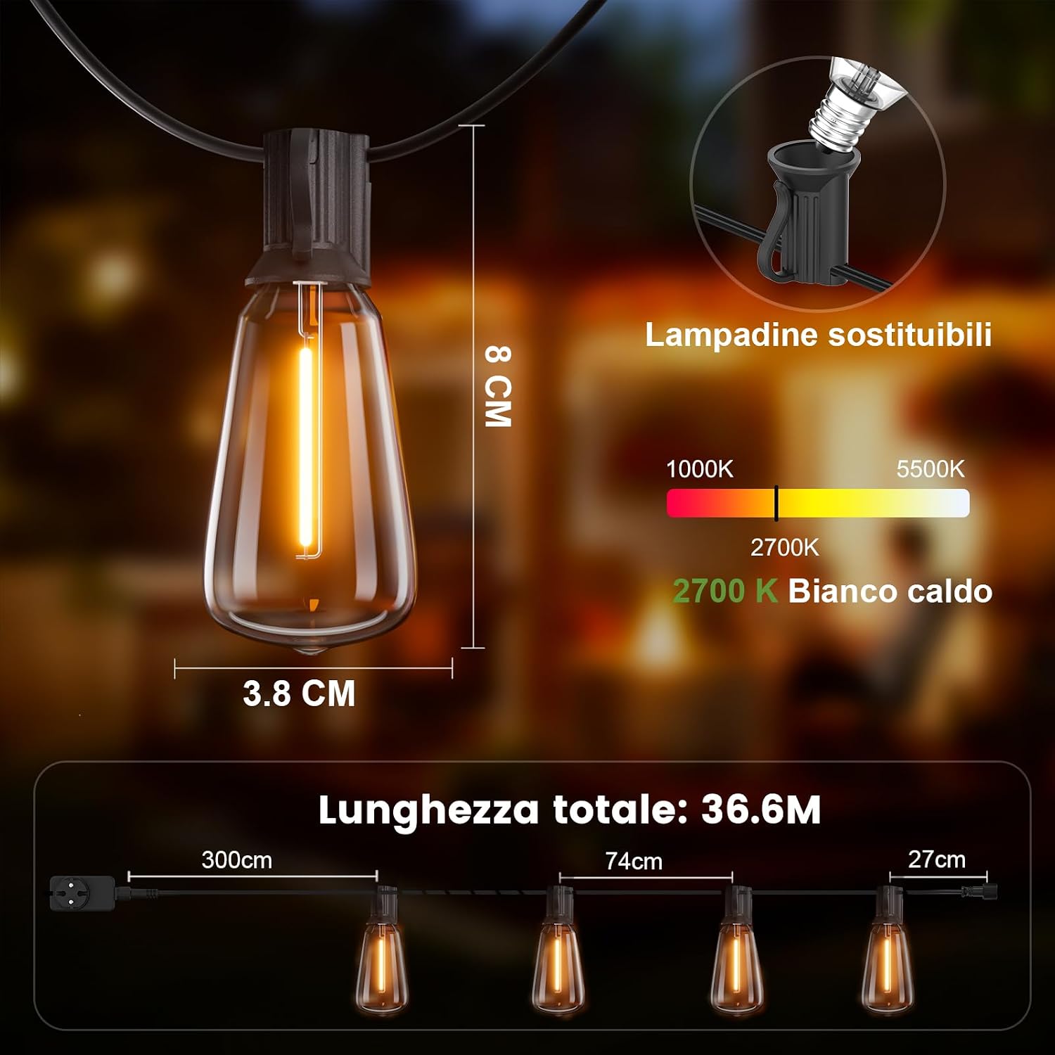 Detalle 2 de Yuusei Catena Luminosa Esterno 36.6M con telecomando: luci da giardino IP45 per gazebo, balcone e feste