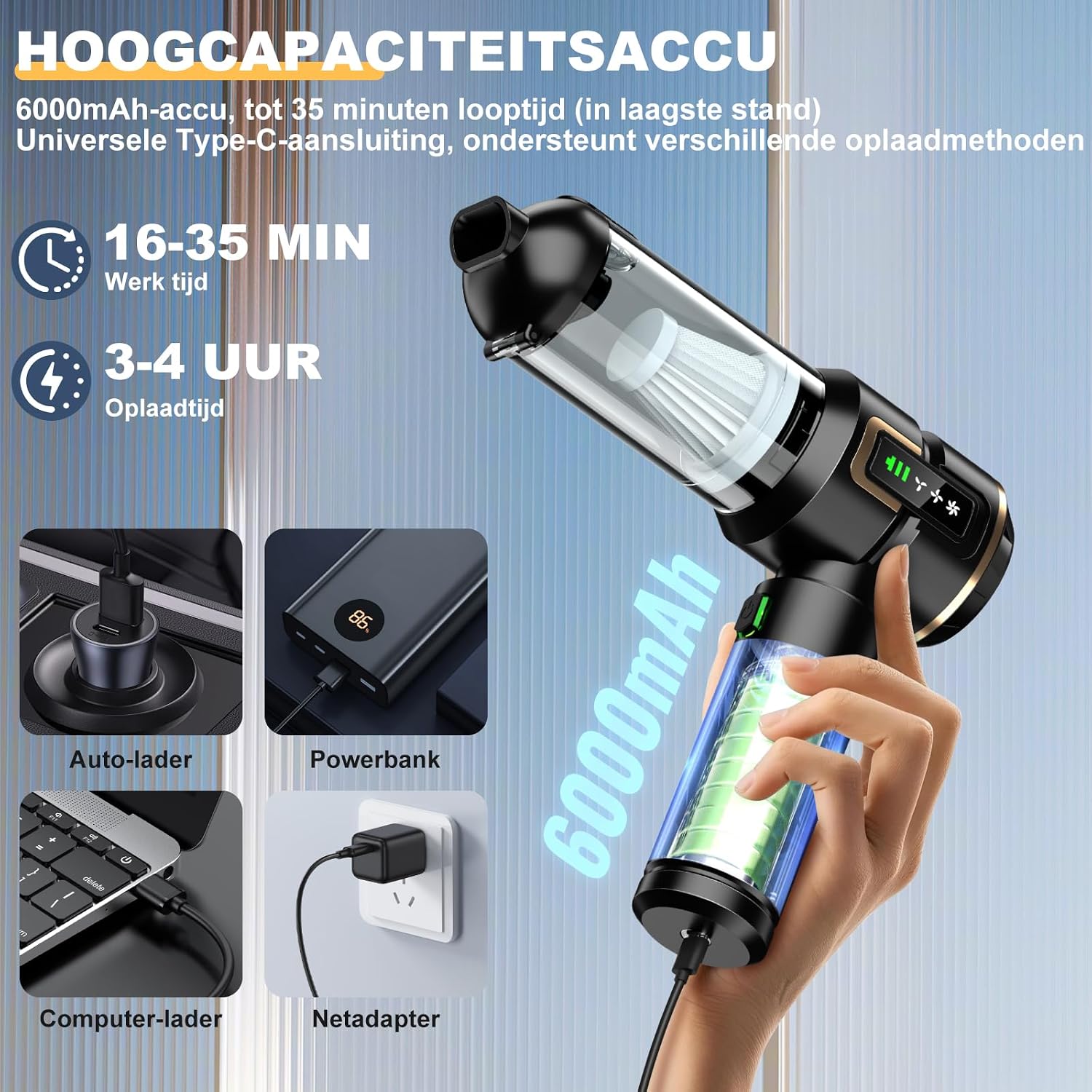 Detalle 1 de Micisty ST-6697APlus 4-in-1 handstofzuiger met lcd-scherm, 28.000 Pa
