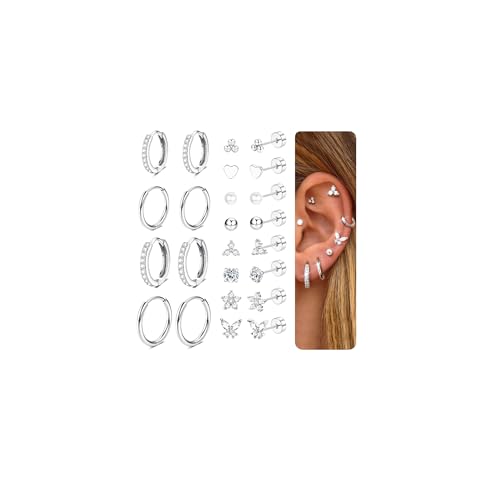 Detalle de CASSIECA 12 Pairs Silver Earrings – Hypoallergenic Flat Back Studs & Hoops