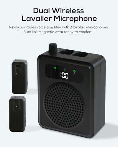 Detalle 2 de QEEKADA Amplificador de Voz inalámbrico para Profesores: sistema portátil con 2 micrófonos lavalier