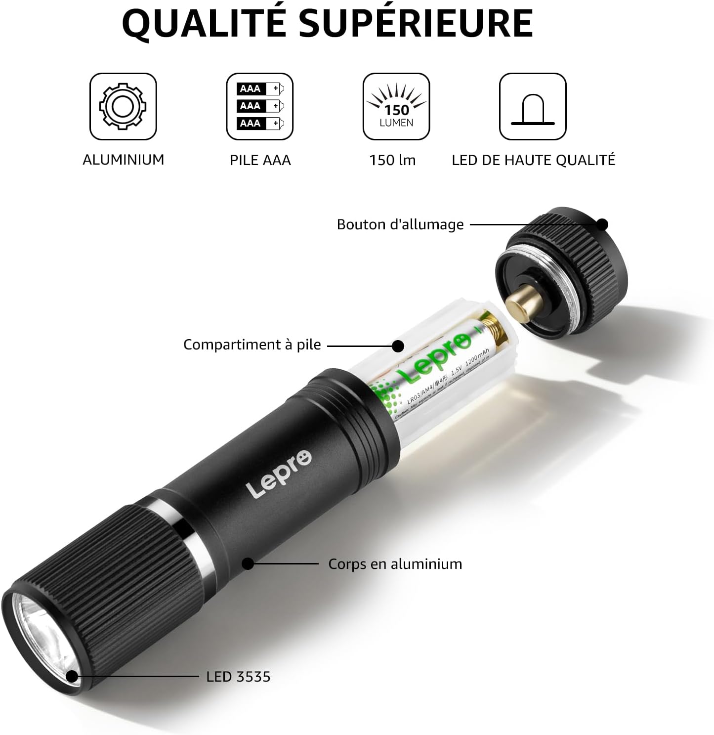 Detalle de Lepro Lampe Torche étanche IPX4 – mini-linterna LED compacte (corps aluminium) lot de 2