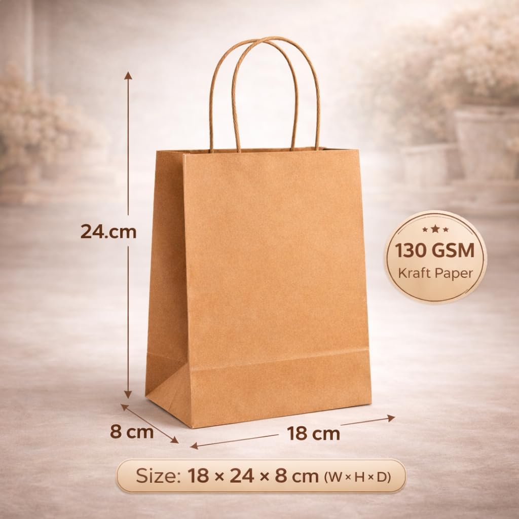 Thumbnail 2 de HURUC 100 pcs Brown Paper Bags with Handles (130GSM kraft), small gift carrier bags for parties & everyday use (18x24x8cm)
