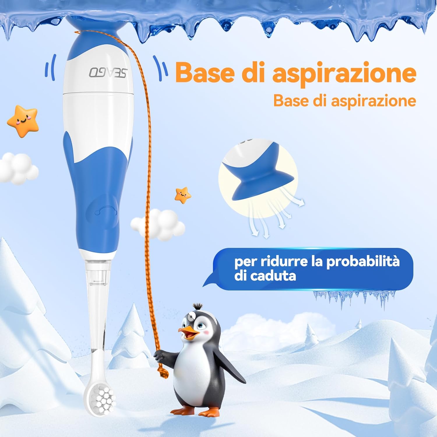 Detalle de Seago Spazzolino elettrico per bambini con design a pinguino, luce LED, timer 2 minuti e testina morbida (con spazzolino di ricambio) – IPX7