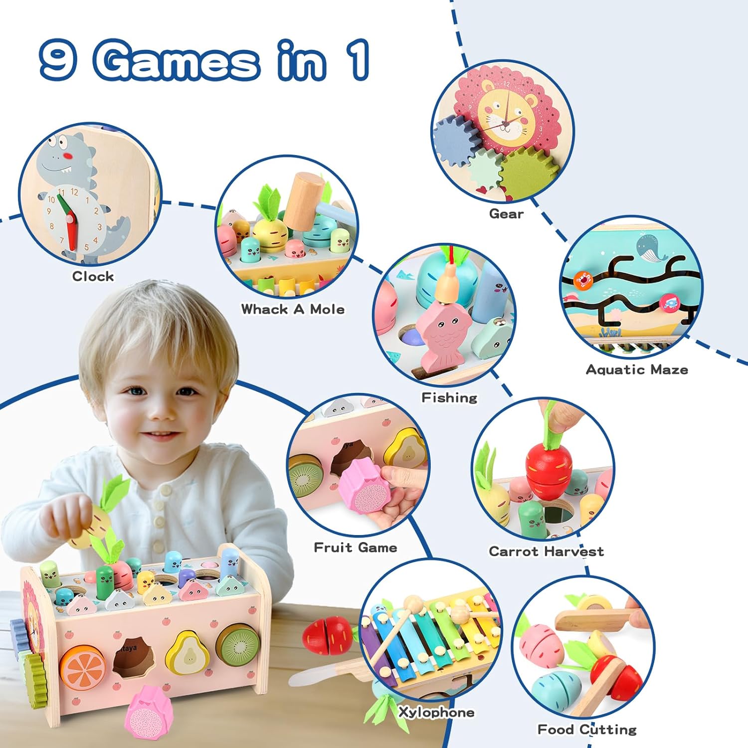 Detalle 2 de Montessori Holzspielzeug 9‑in‑1 Motorikwürfel für 1 Jahr 🎲