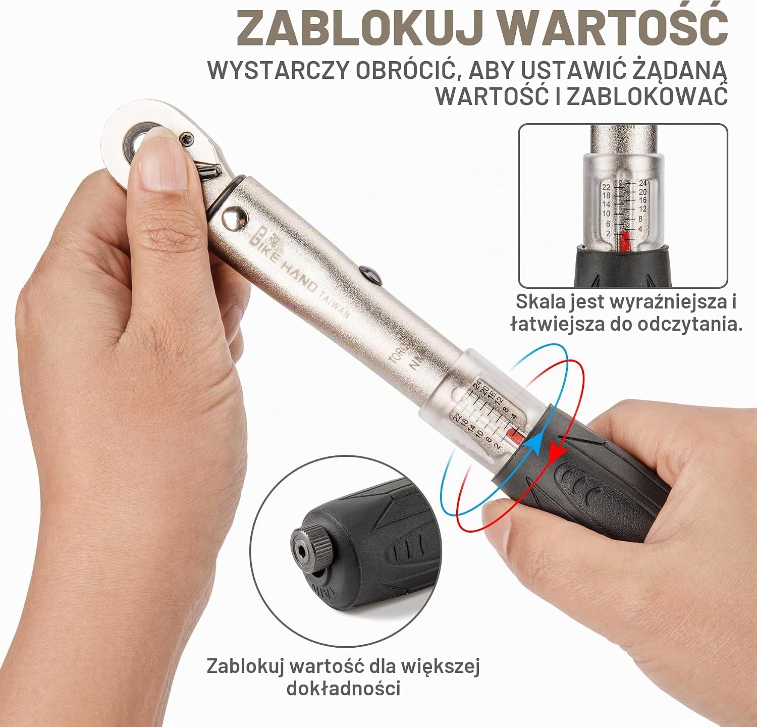 Detalle de Bike Hand YC-617-2ST – klucz dynamometryczny 1/4 cala, 2–24 Nm z bitami
