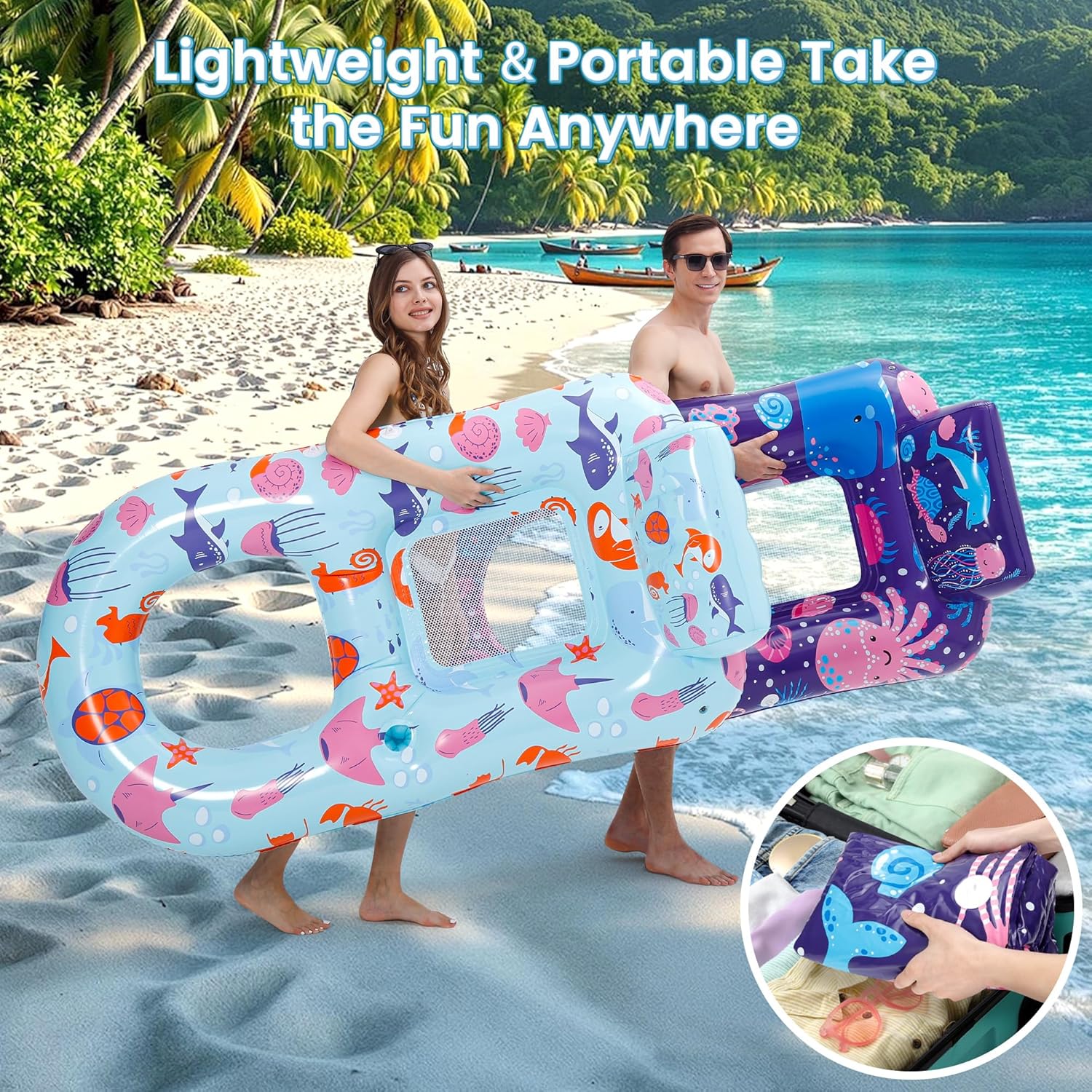 Detalle de PuppyuWill 2 Pack Inflatable Pool Lounger Floats for Adults (Heavy-Duty with Cup Holder, Backrest & Footrest)