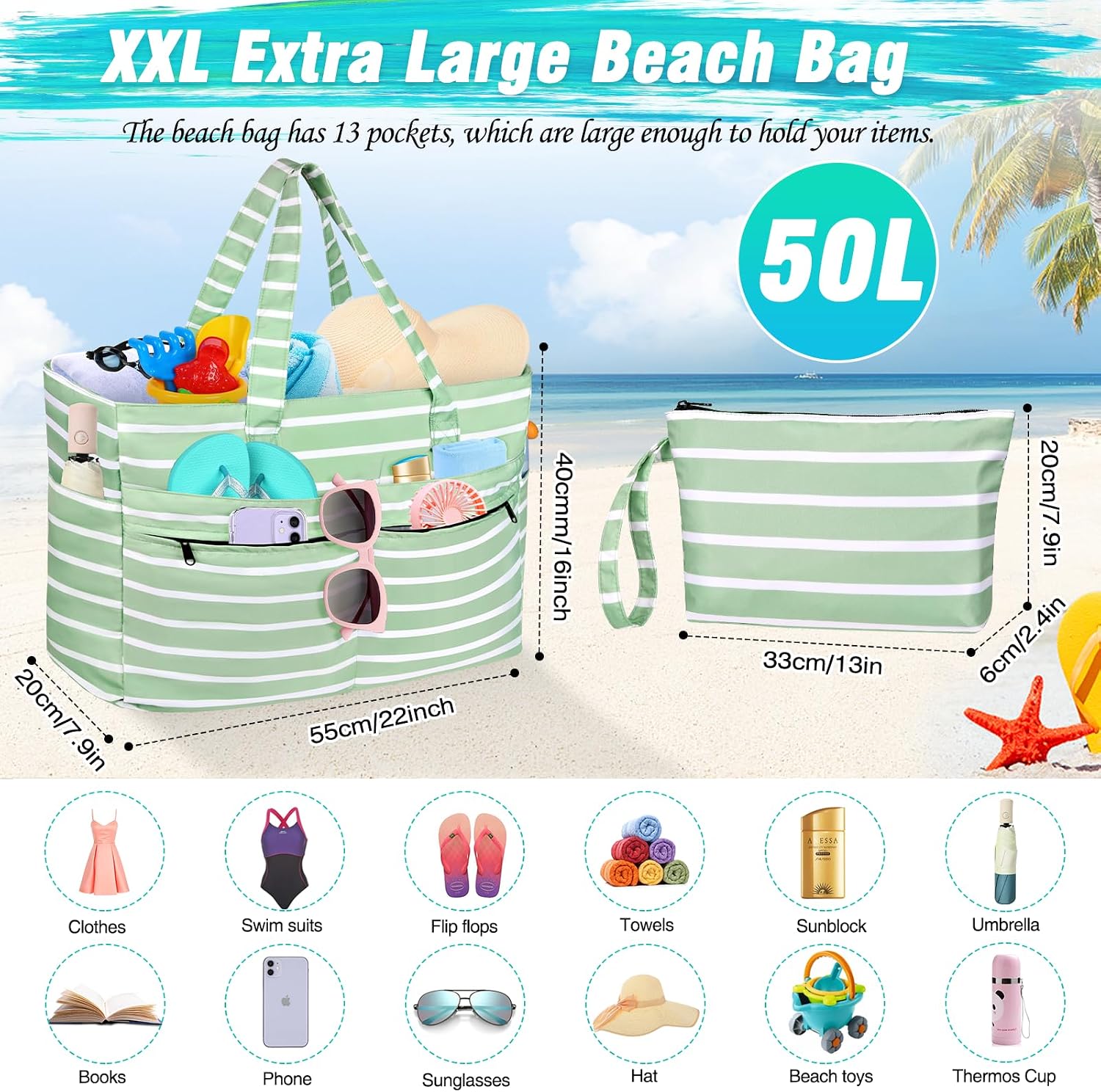 Detalle de WACCET Borsa Mare Donna Grande: tote impermeabile XXL per vacanze in spiaggia