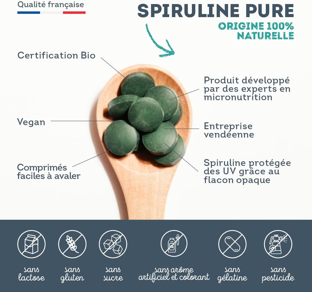 Detalle de Spiruline BIO Ultra Pure 1500 mg – Sans Excipients, 200 comprimés – Vegan, Fabriquée en France