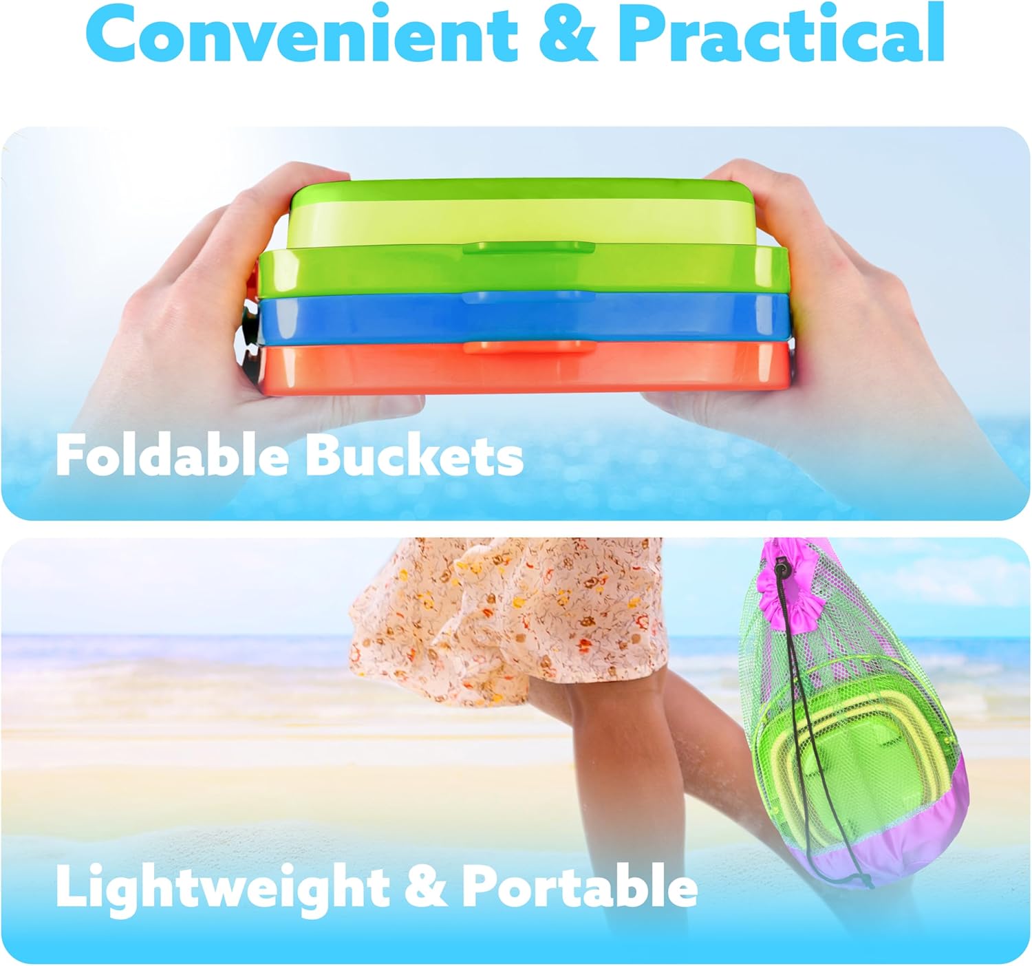Thumbnail 3 de Sloosh 3-Pack Collapsible Sand Toys: Square Foldable Pails with 3 Shovels (Orange/Blue/Green)