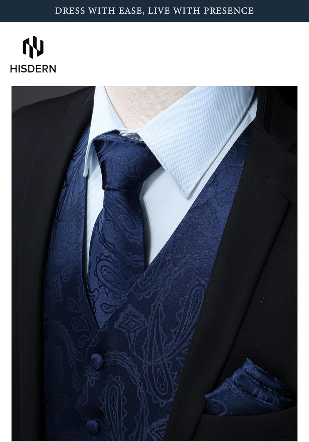 Thumbnail 1 de HISDERN 3-Piece Formal Vest Set: Paisley Jacquard Waistcoat, Necktie & Pocket Square