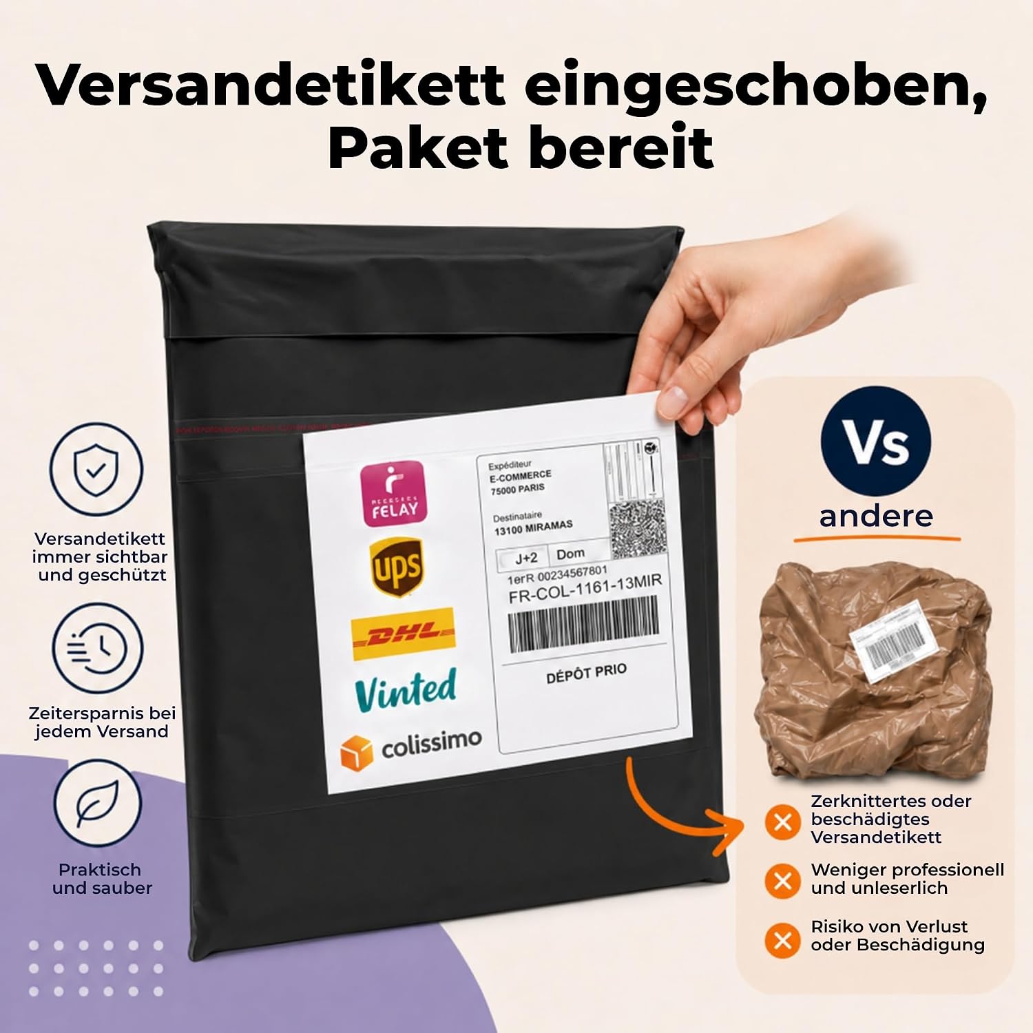 Detalle de Zenacasa Versandtaschen Vinted – 30 Stück in S/M/L, blickdicht, robust & wasserdicht