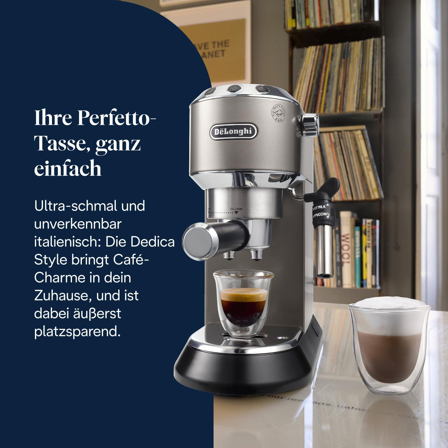 Detalle 2 de De'Longhi Dedica Style EC685.TB – kompakte Siebträgermaschine Titan, 15 cm Breite