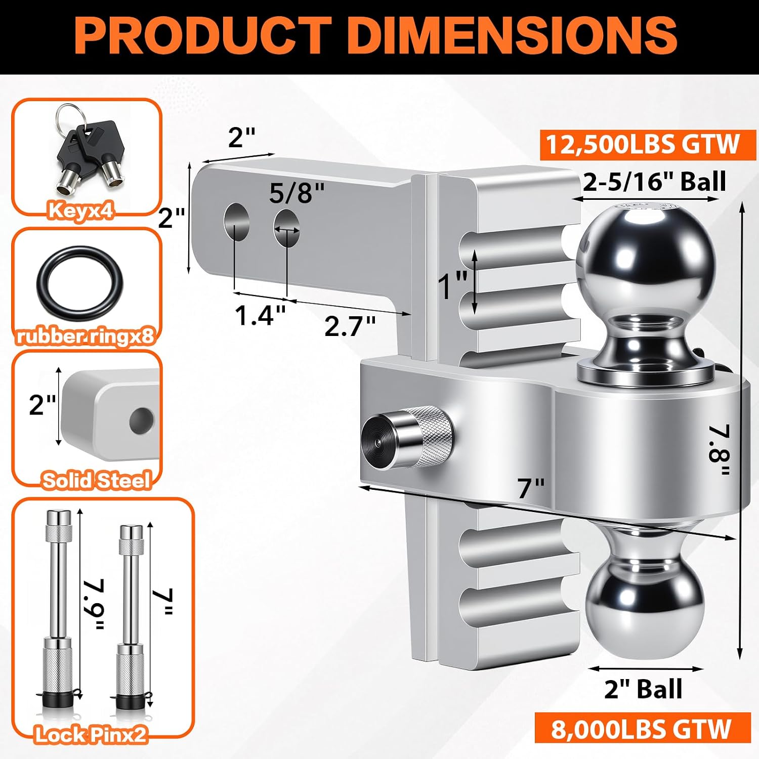 Thumbnail 6 de Aircraft Aluminum Adjustable Trailer Hitch for 2-Inch Receiver — 6" Drop/Rise, Dual Ball (2" and 2-5/16"), 12,500 LBS Capacity