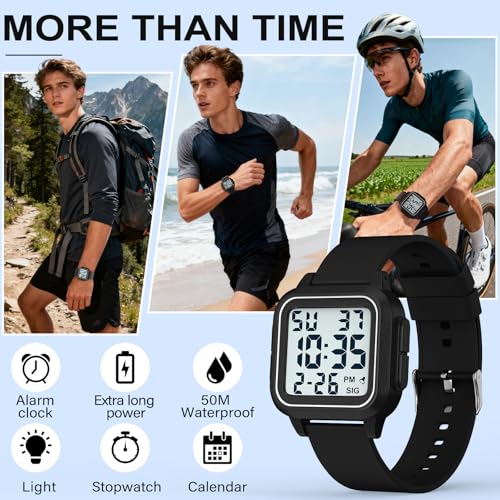 Thumbnail 3 de DTKID Adult Digital Watch, Square — 50M Waterproof, Easy Read, Black