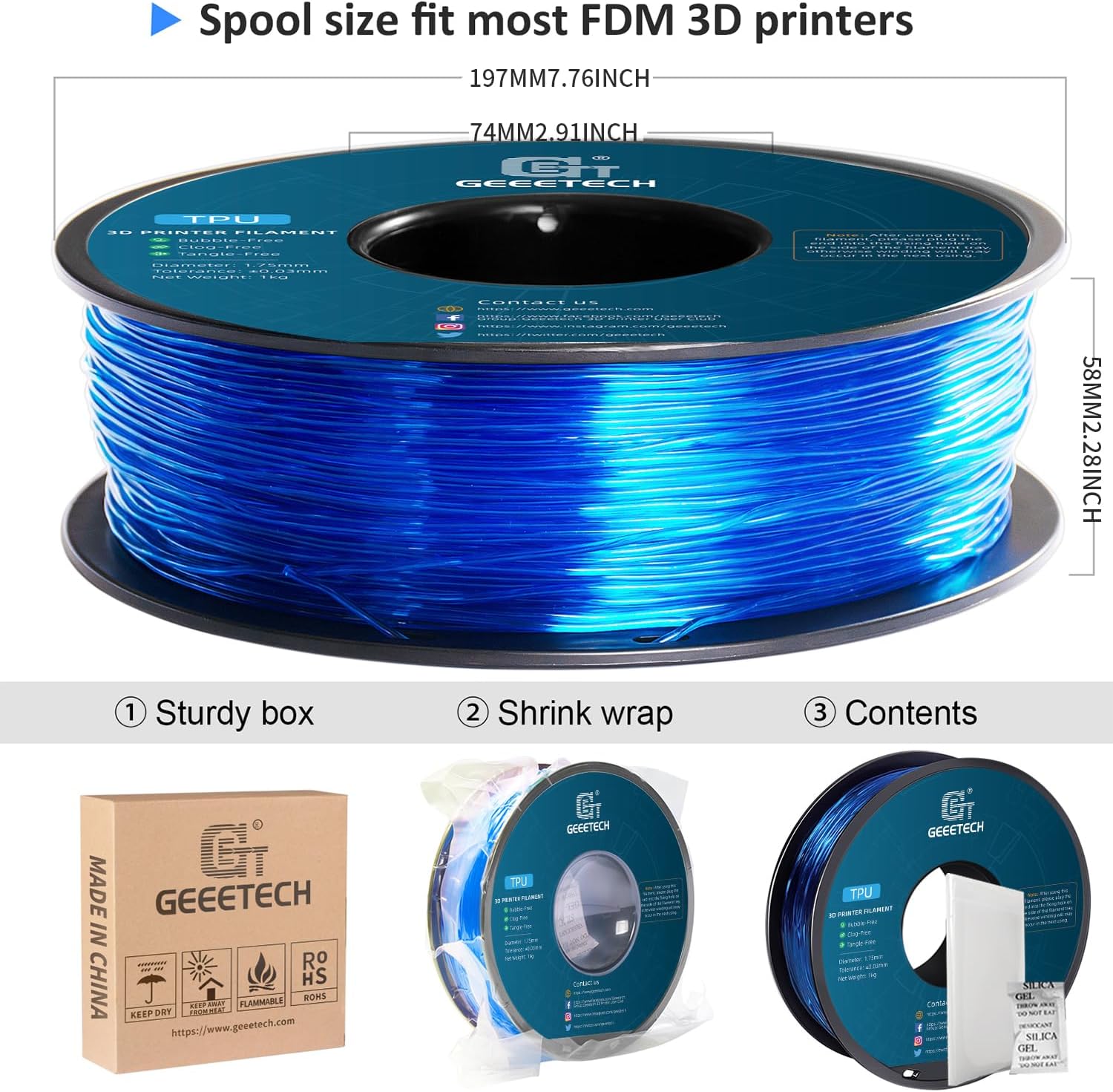 Detalle 2 de GEEETECH TPU Filament 1,75 mm transparent blau 1 kg