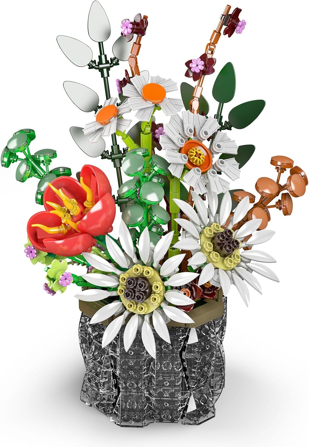 Detalle de Mould King 24107 Blumen-Baustein-Set (mit Vase) – Sonnenblumen, Tulpen und Gänseblümchen