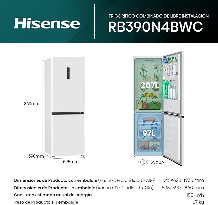 Thumbnail 1 de Hisense RB390N4BWC frigorífico combi 304 L blanco