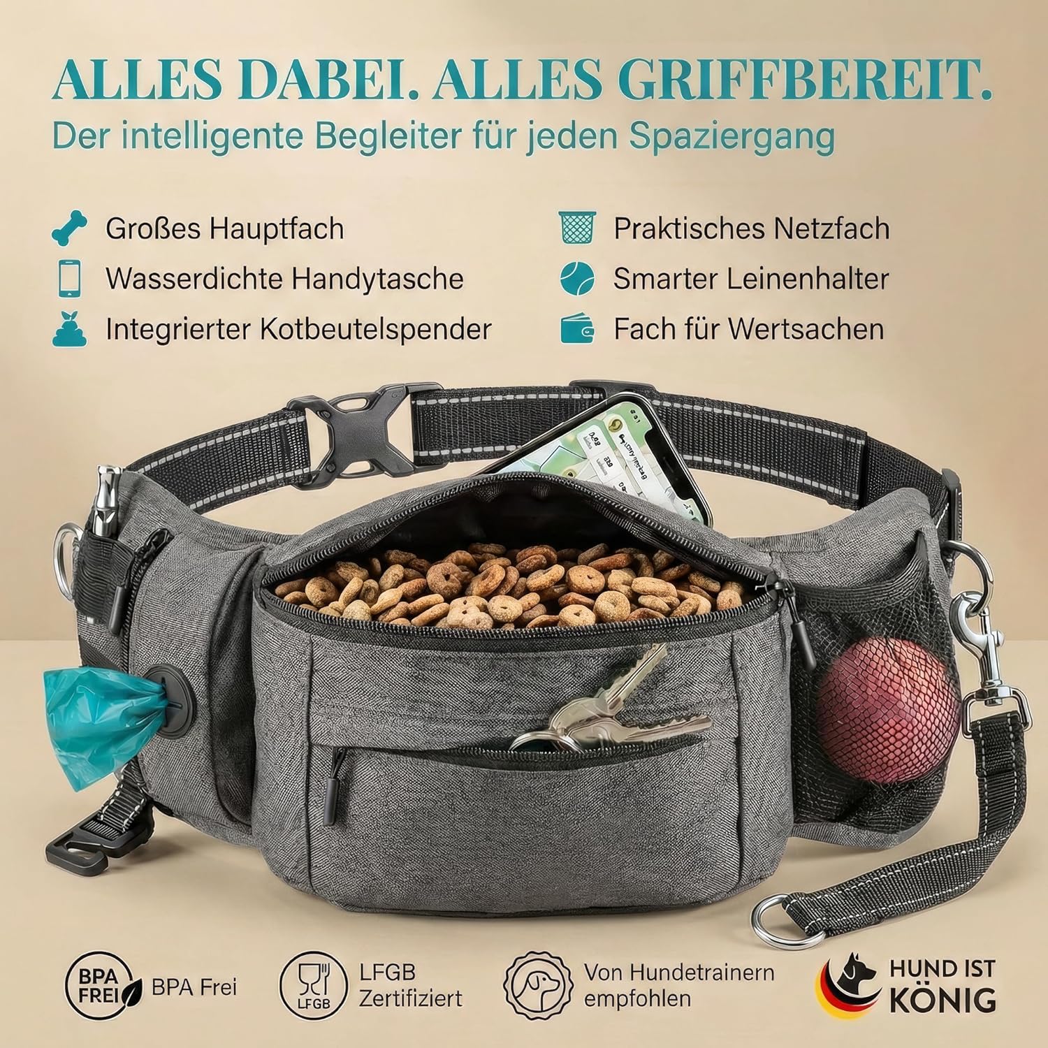 Thumbnail 1 de HUND IST KÖNIG Leckerlitasche für Hunde – robuste Bauchtasche mit Handyfach, Kotbeutelspender & Gurt für Flexileine
