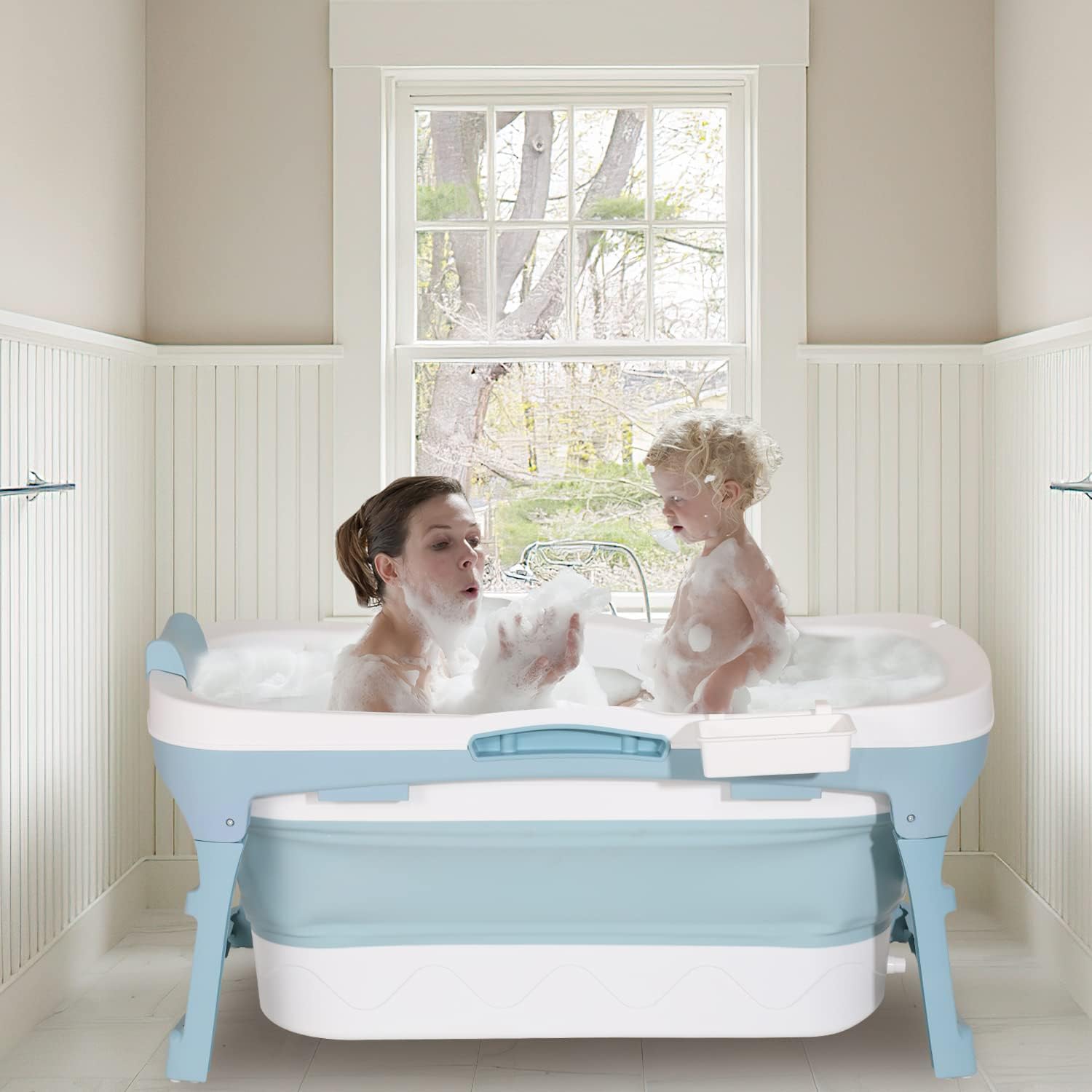 Thumbnail 6 de Cecaylie Vasca da bagno portatile pieghevole per adulti con coperchio e cestino – 118 x 60 x 50 cm, blu