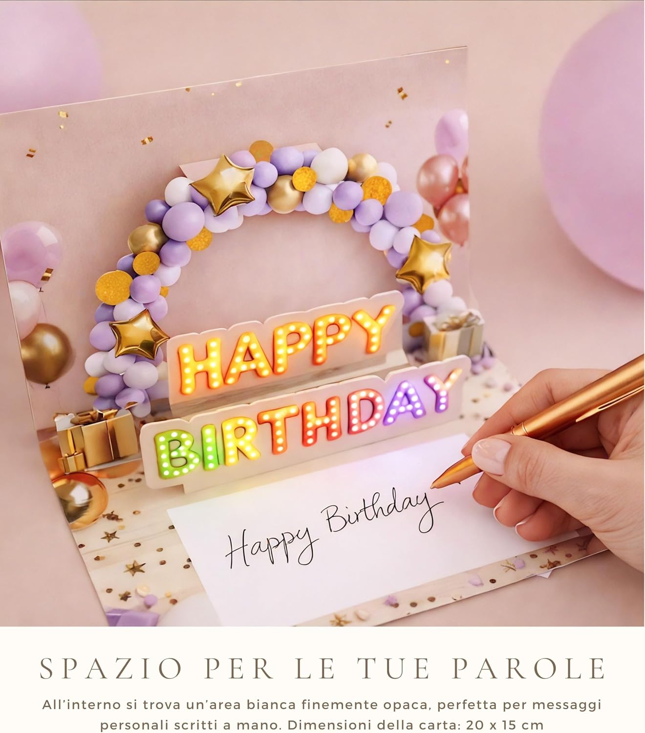 Detalle de Joli Coon Biglietto auguri compleanno con musica e luce – biglietto pop-up 3D per donna, busta e sigillo