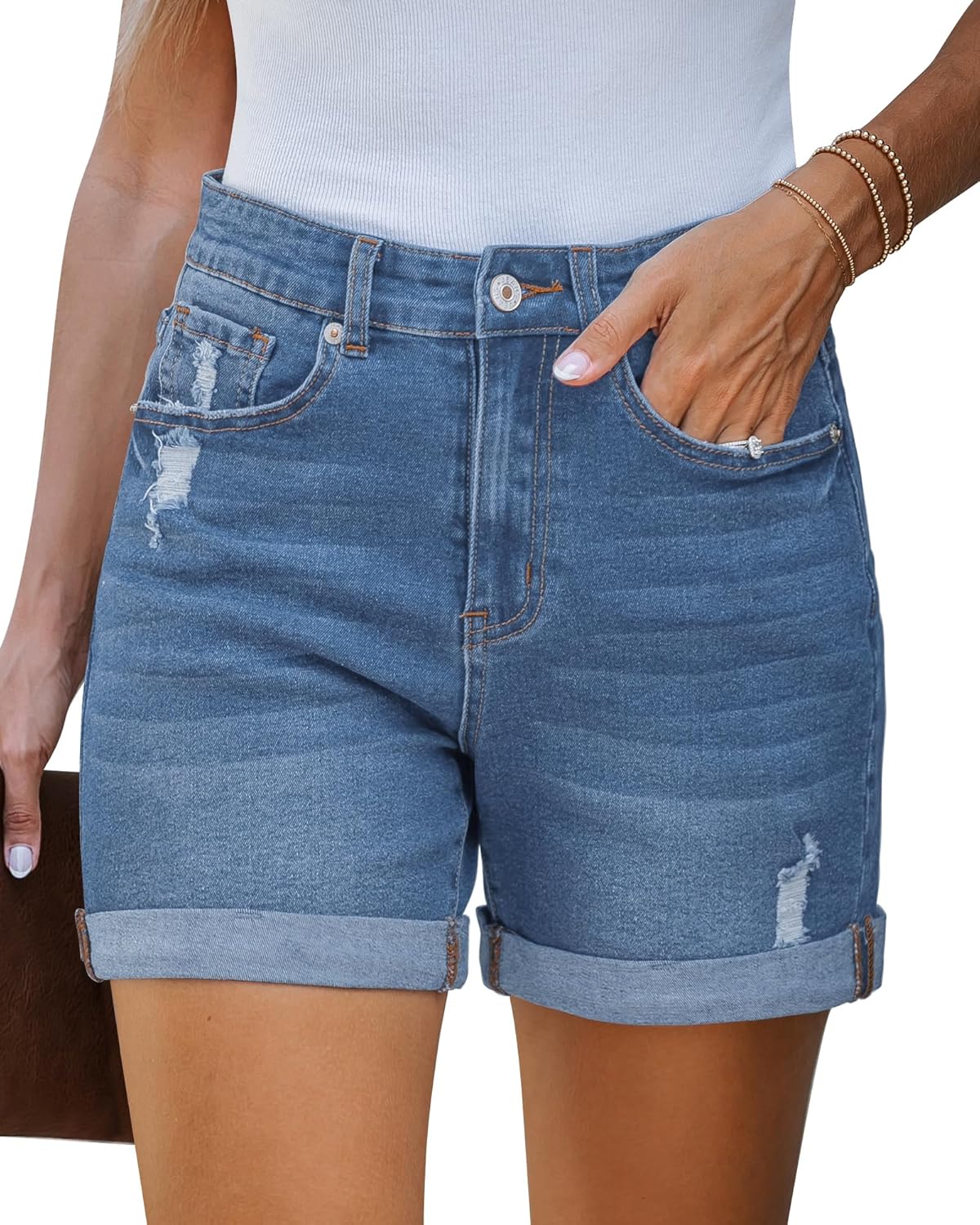 Thumbnail 6 de LookbookStore Women’s Stretchy High-Waisted Ripped Denim Shorts with Pockets (5.5 in inseam)