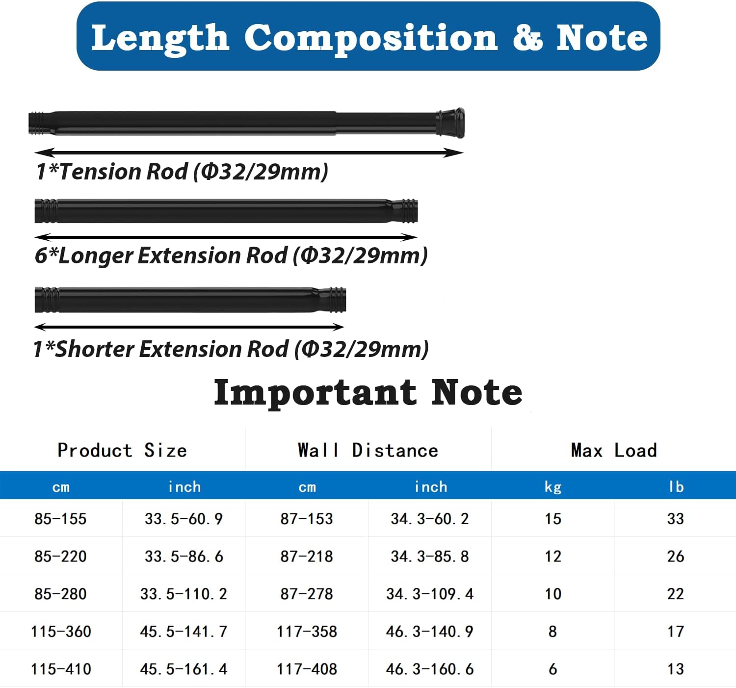 Thumbnail 1 de No Drill Curtain Pole 190–410 cm Extendable Rail (Φ32mm) – Extra Long, White