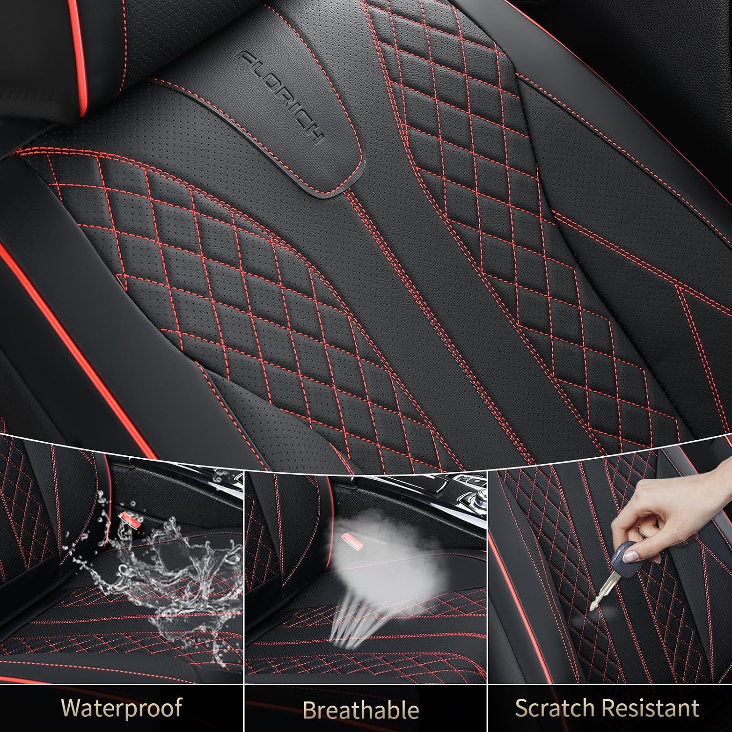 Detalle 2 de FLORICH Leather Seat Covers (Front & Rear) for 5 Seats — Universal Fit, Waterproof Faux Leather, Black & Red Line