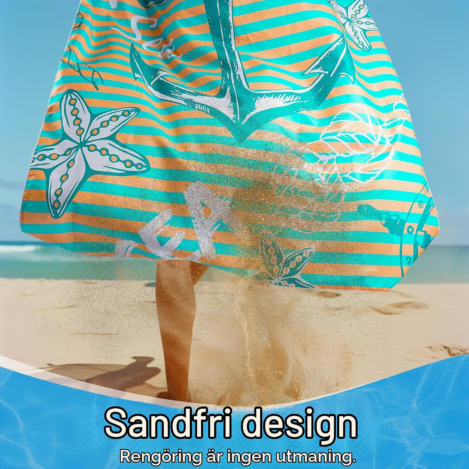 Detalle de KUOGAS strandhandduk i mikrofiber med grönt ankartryck, snabbtorkande och sandavvisande