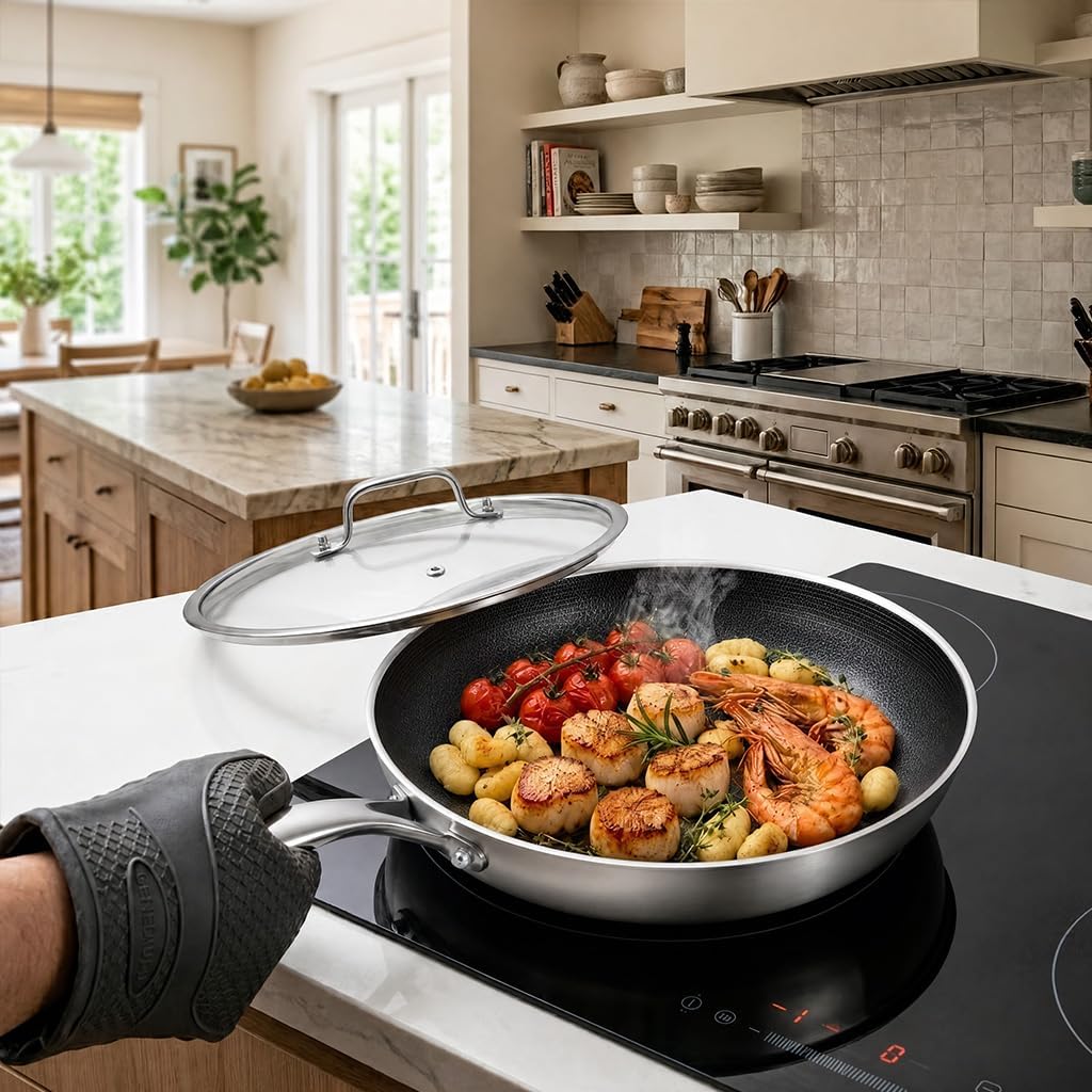 Detalle de LOLYKITCH 8.5-Inch Hybrid Non-Stick Frying Pan with Glass Lid, Tri-Ply Steel