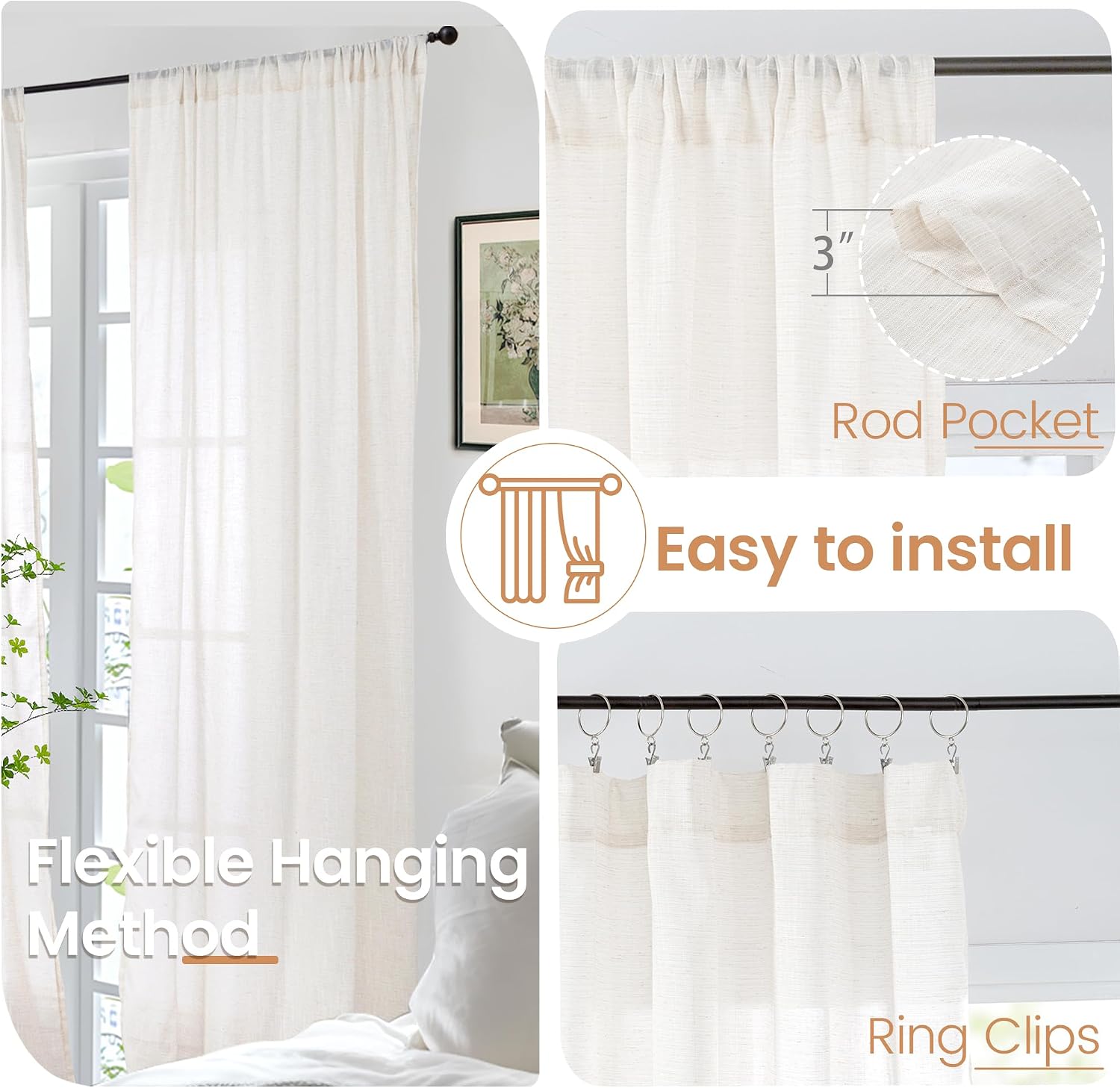 Detalle 2 de BGment Linen Sheer Curtains, 84-Inch 2-Panel Light-Filtering Rod Pocket Set