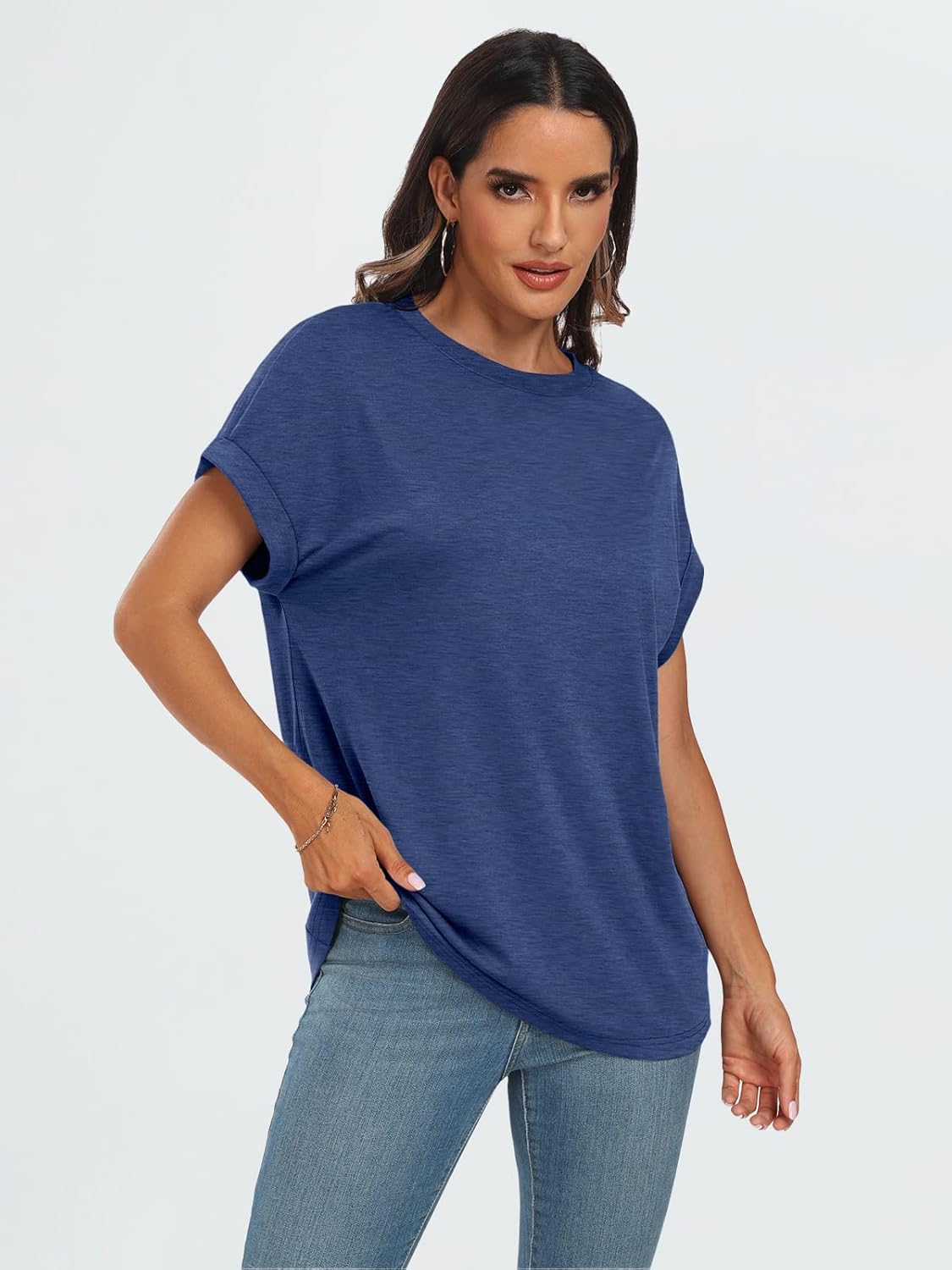 Thumbnail 2 de AUTOMET Women's Oversized Short Sleeve T Shirt with Drop Shoulder and Rolled Cuff