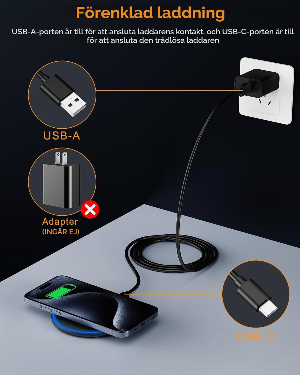 Detalle 2 de Sanicata 15 W trådlös laddare med USB-C och 6,5 mm tunn laddningsplatta