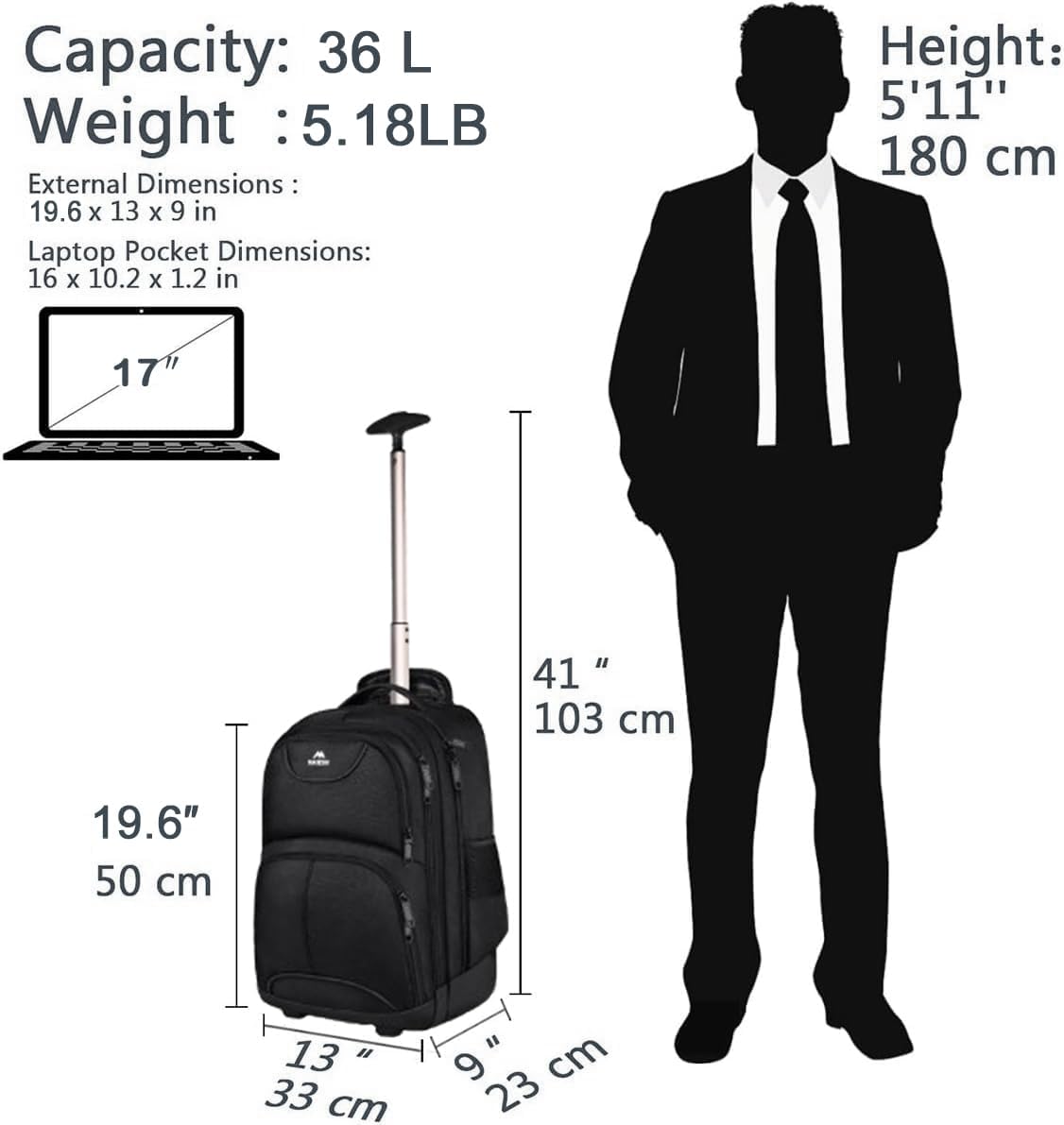Thumbnail 6 de MATEIN Rolling Backpack: 17-Inch Water-Resistant Wheeled Laptop Backpack